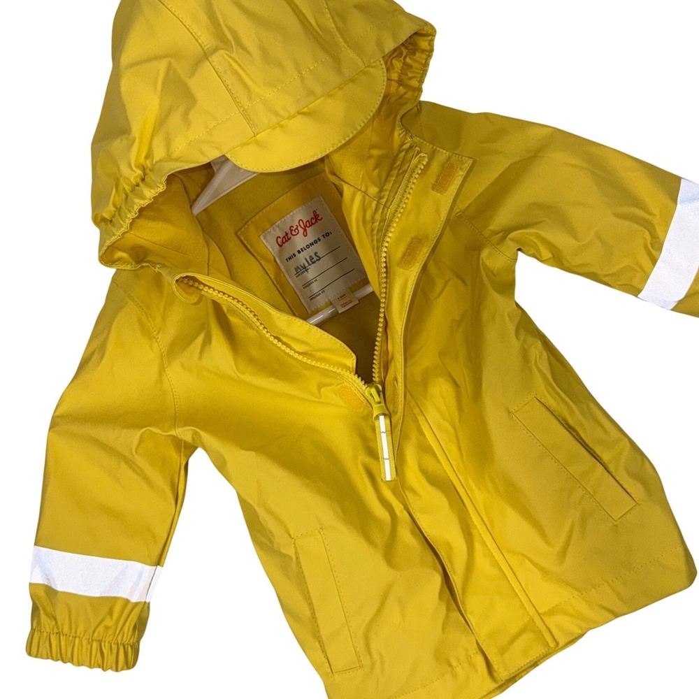Cat & Jack Yellow Hooded Rain Jacket 12M Reflective Stripe Toddler Baby Coat